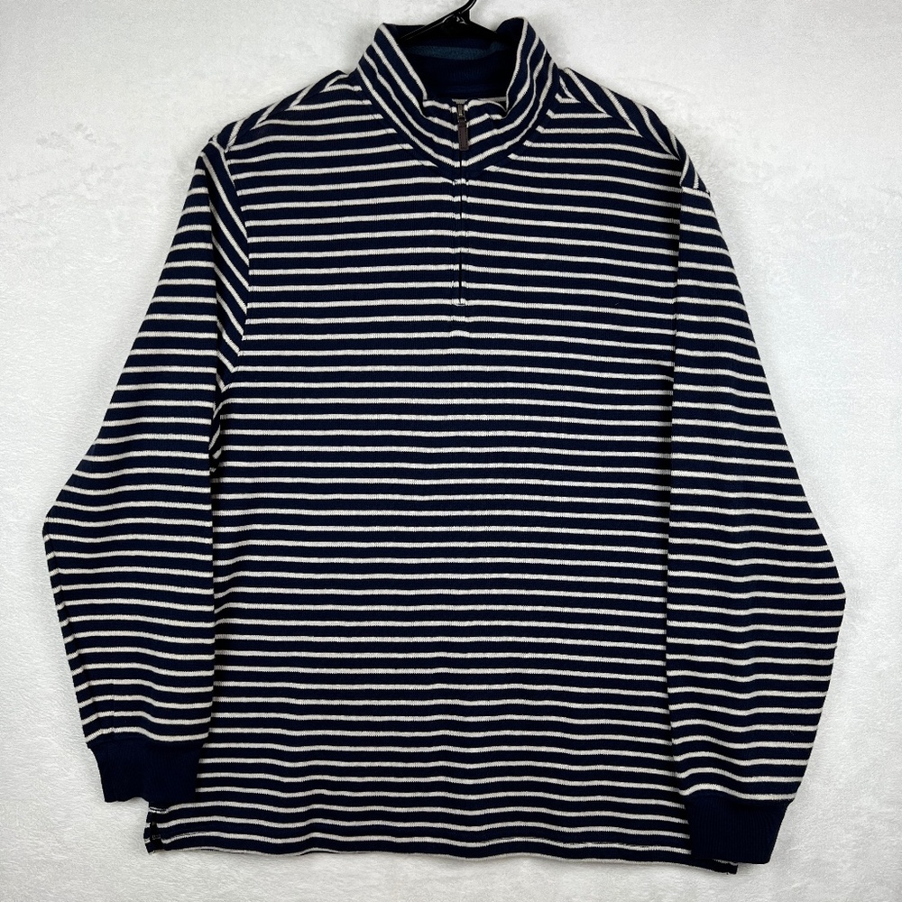 Club Room 1/4 Zip French Rib Pullover Sweater Mens XL Navy Blue Striped L/S